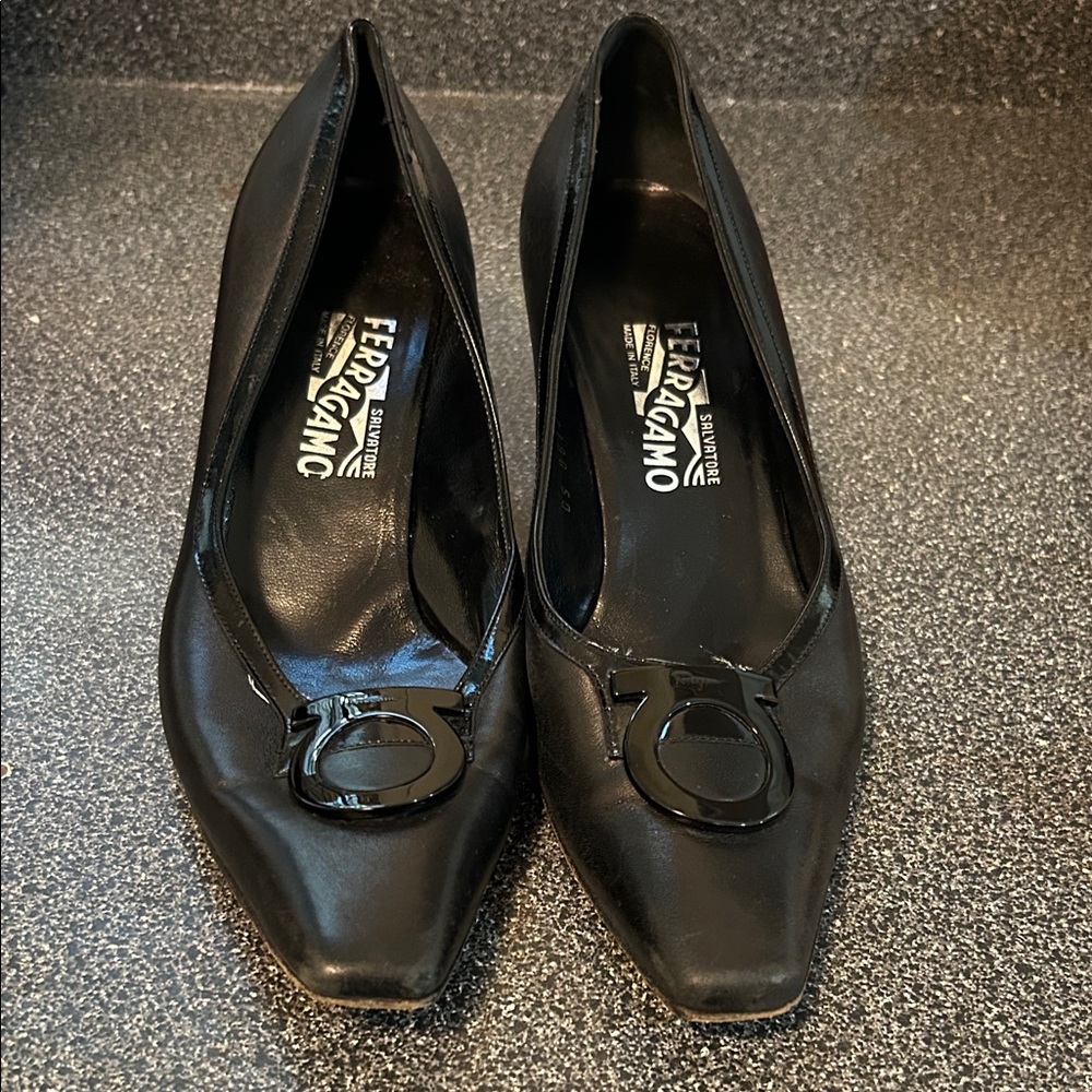Salvatore Ferragamo Black Leather Pointed Toe Logo Pumps